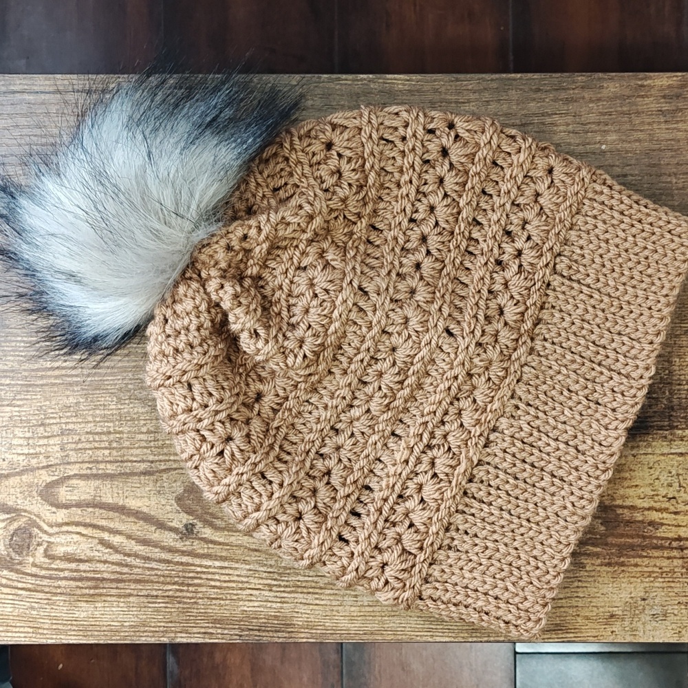 Handmade Hat, Crochet Messy Bun Cable Beanie